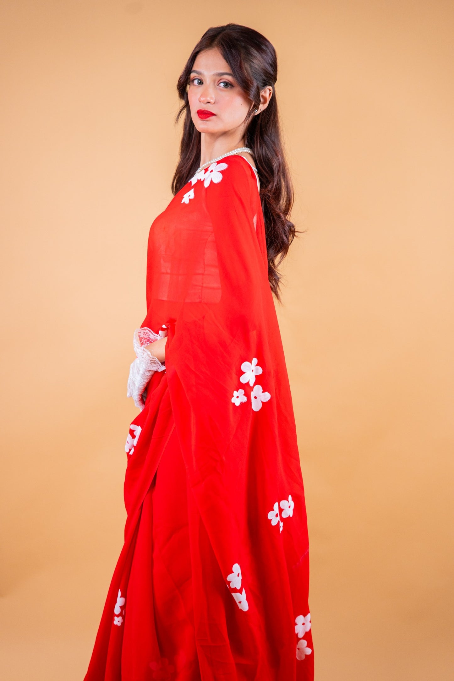 Red Hand-Painted Georgette Saree - Atulyakarigari