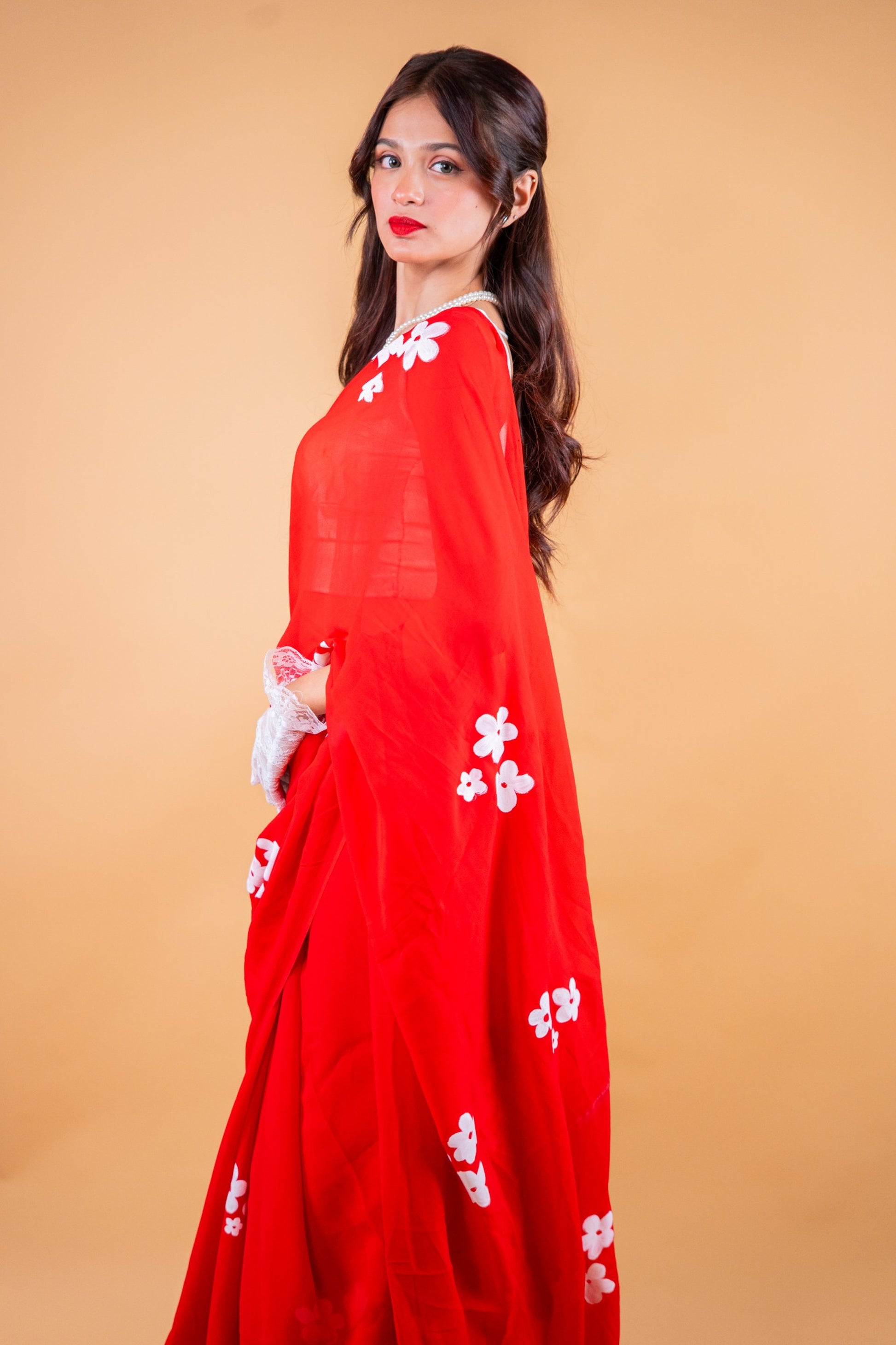 Red Hand-Painted Georgette Saree - Atulyakarigari