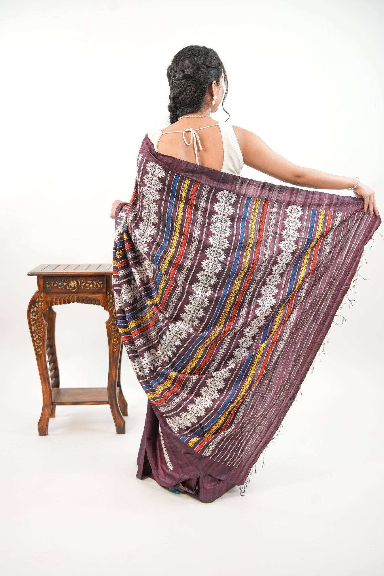 Burgundy Tussar Silk Saree with White Geometric Border