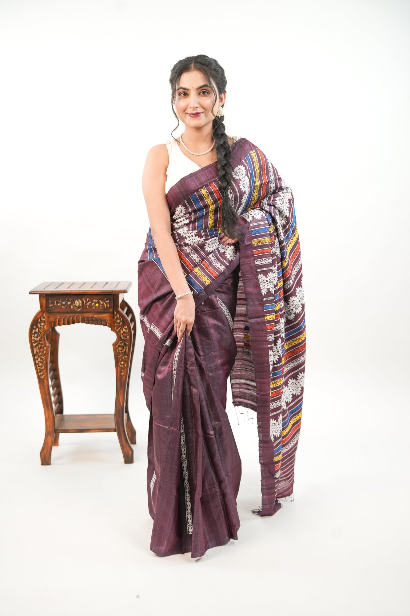 Burgundy Tussar Silk Saree with White Geometric Border