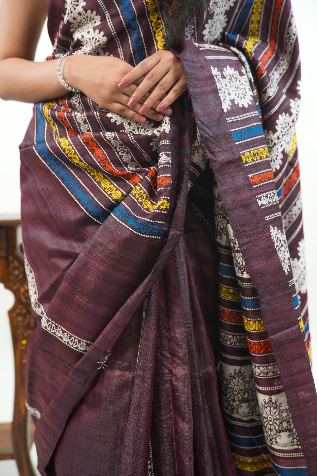 Burgundy Tussar Silk Saree with White Geometric Border