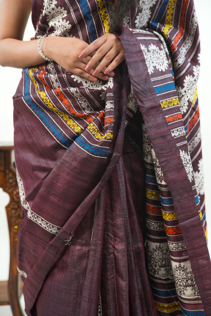 Burgundy Tussar Silk Saree with White Geometric Border