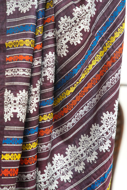 Burgundy Tussar Silk Saree with White Geometric Border