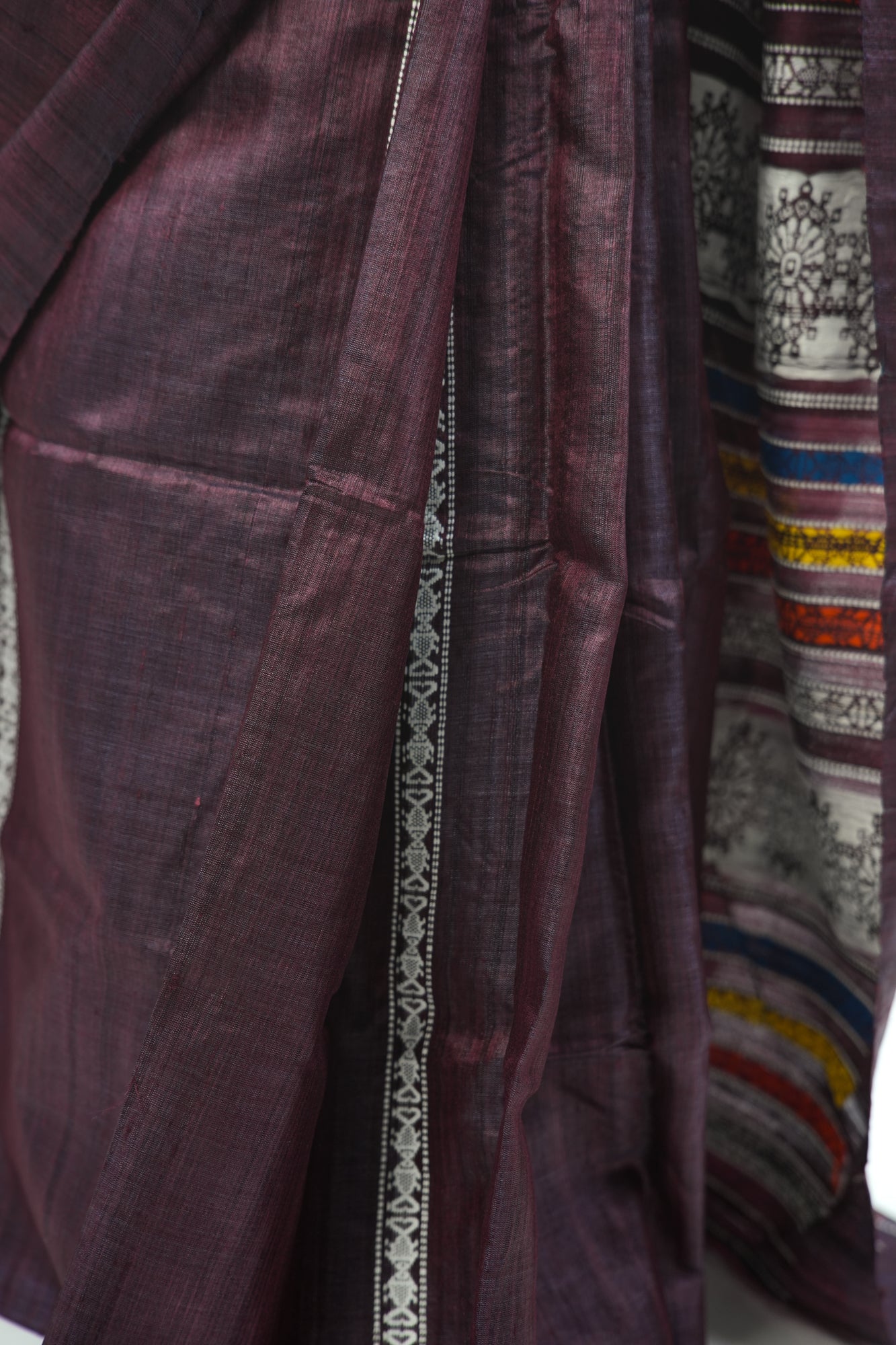 Burgundy Tussar Silk Saree with White Geometric Border
