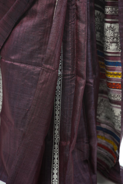 Burgundy Tussar Silk Saree with White Geometric Border