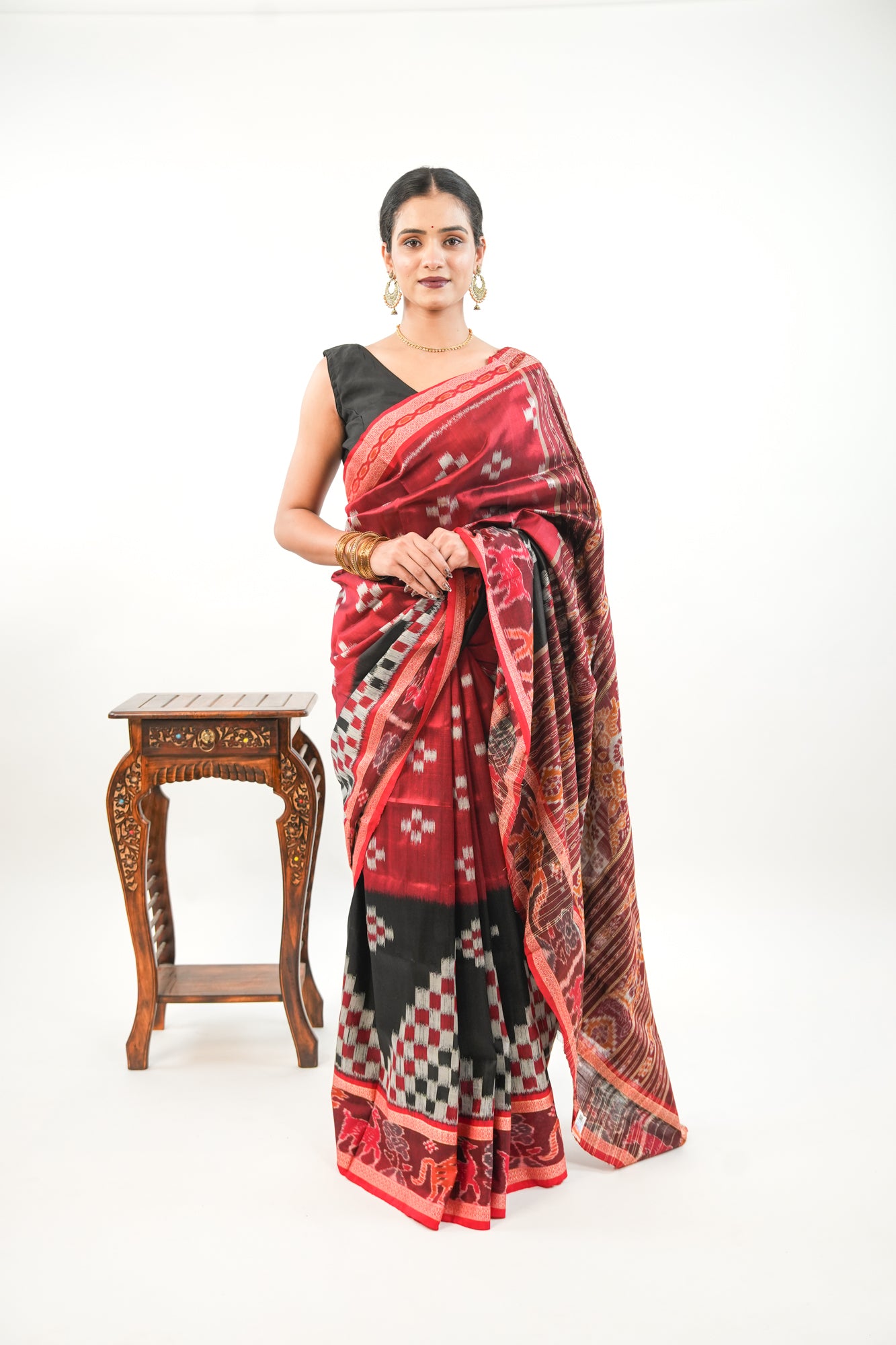 Deep Crimson Red Khandua Silk Saree with Big Ikat Square Motifs