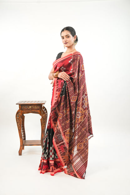 Deep Crimson Red Khandua Silk Saree with Big Ikat Square Motifs