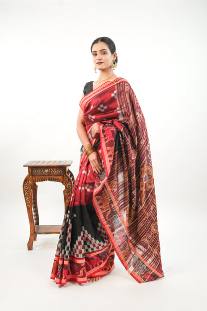 Deep Crimson Red Khandua Silk Saree with Big Ikat Square Motifs