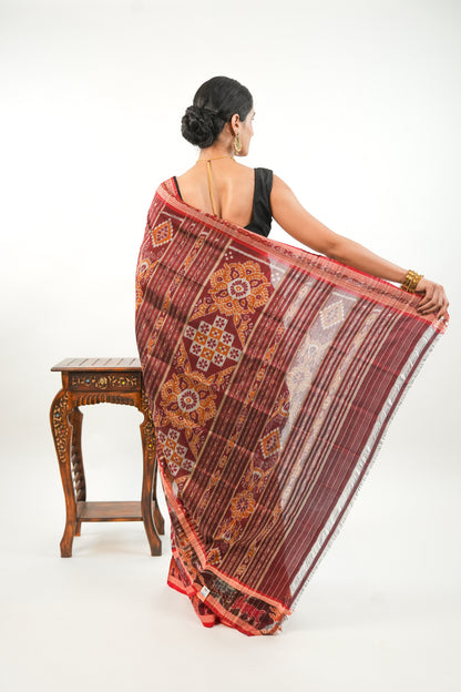 Deep Crimson Red Khandua Silk Saree with Big Ikat Square Motifs