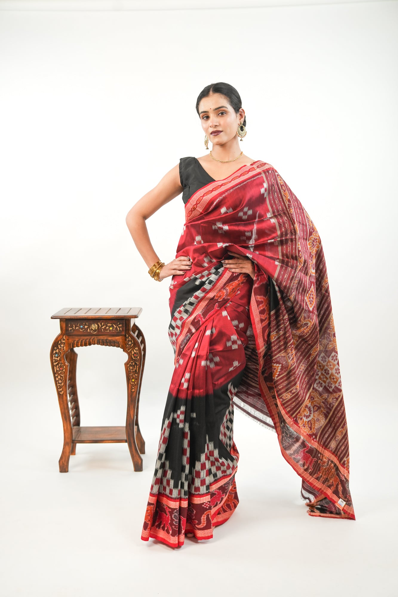 Deep Crimson Red Khandua Silk Saree with Big Ikat Square Motifs