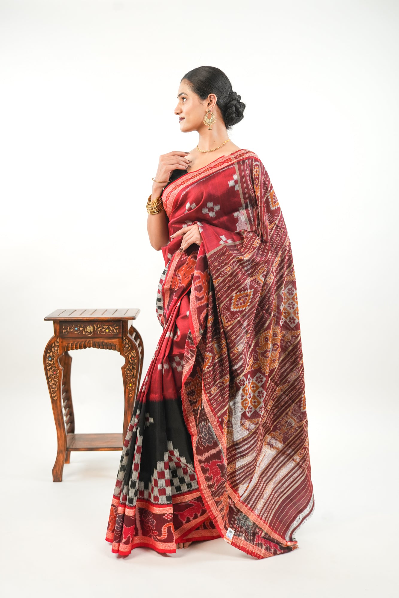 Deep Crimson Red Khandua Silk Saree with Big Ikat Square Motifs