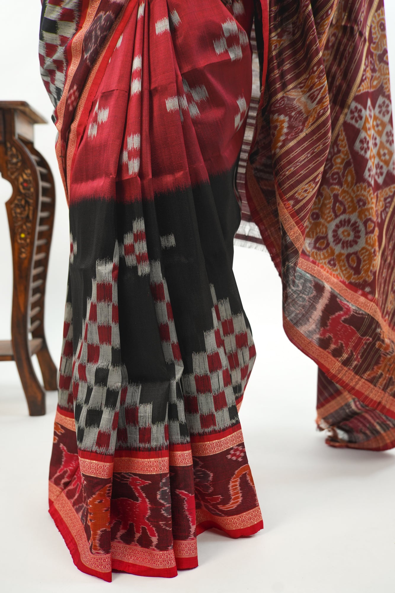 Deep Crimson Red Khandua Silk Saree with Big Ikat Square Motifs