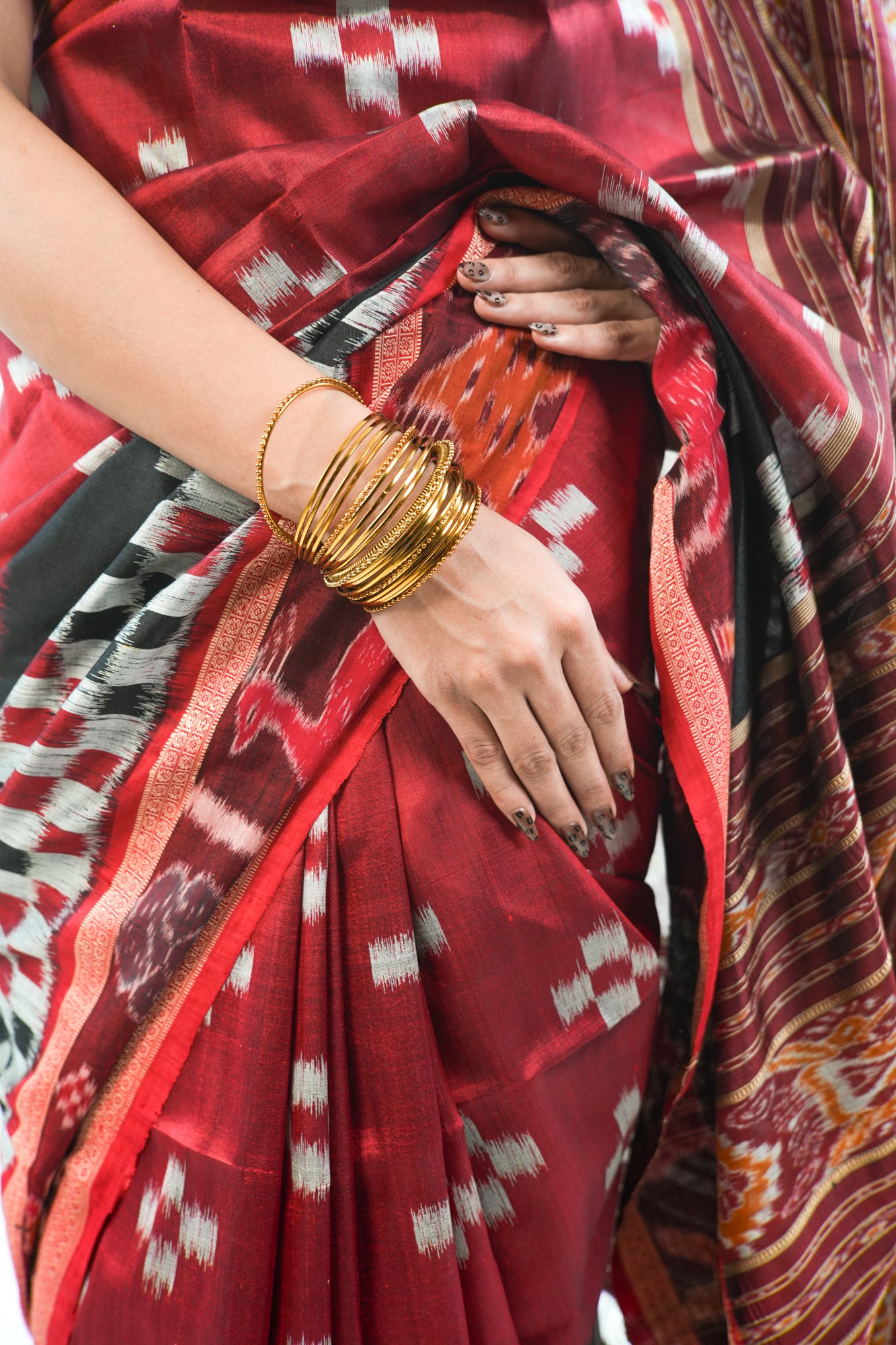 Deep Crimson Red Khandua Silk Saree with Big Ikat Square Motifs