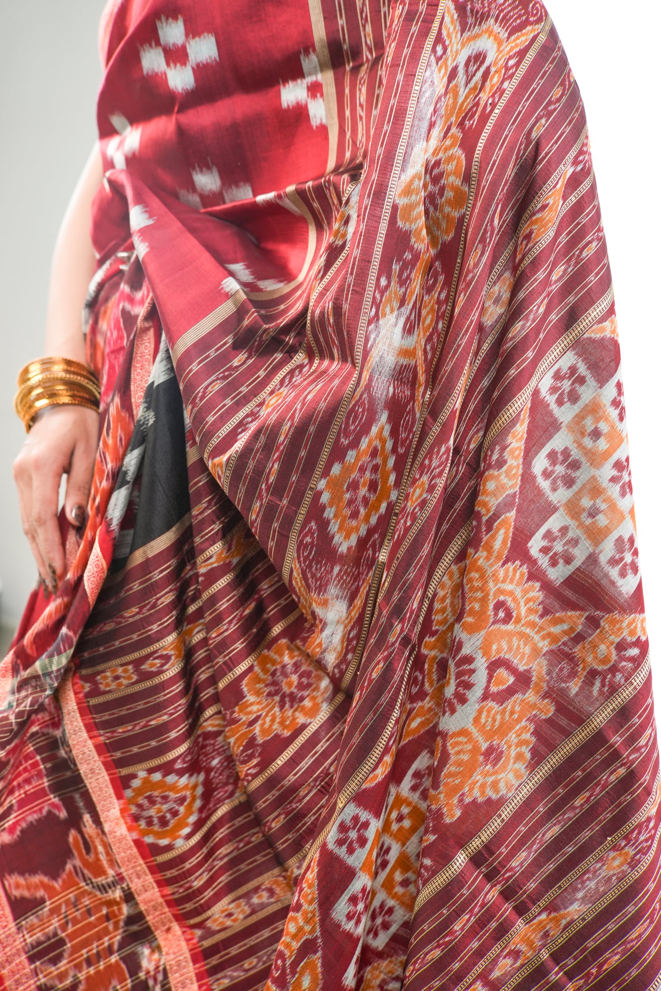 Deep Crimson Red Khandua Silk Saree with Big Ikat Square Motifs