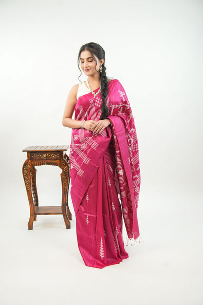 Magenta Tussar Silk Saree with White Ikat Motifs