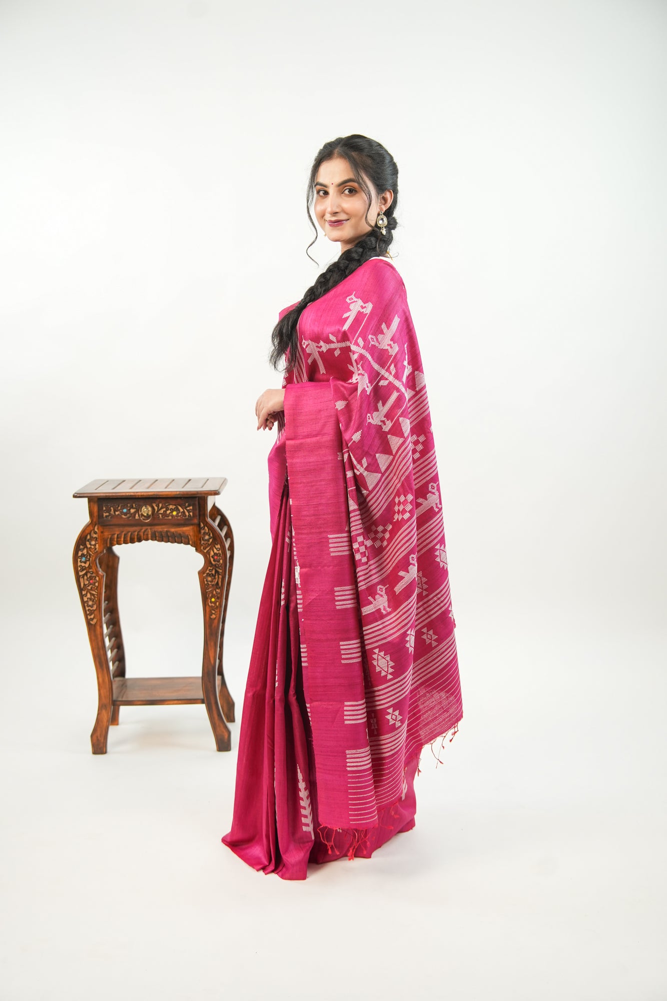 Magenta Tussar Silk Saree with White Ikat Motifs