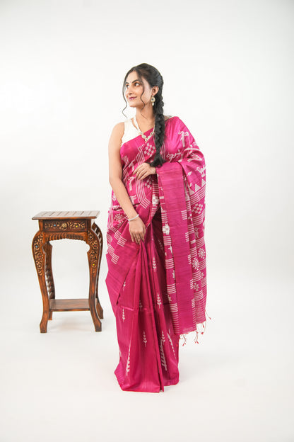 Magenta Tussar Silk Saree with White Ikat Motifs