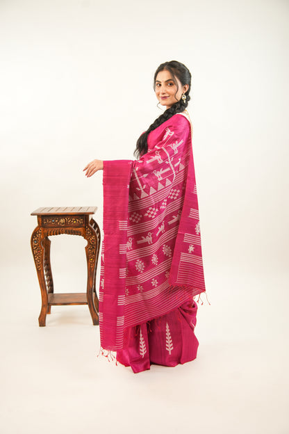 Magenta Tussar Silk Saree with White Ikat Motifs