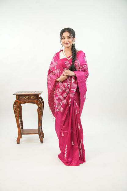 Magenta Tussar Silk Saree with White Ikat Motifs