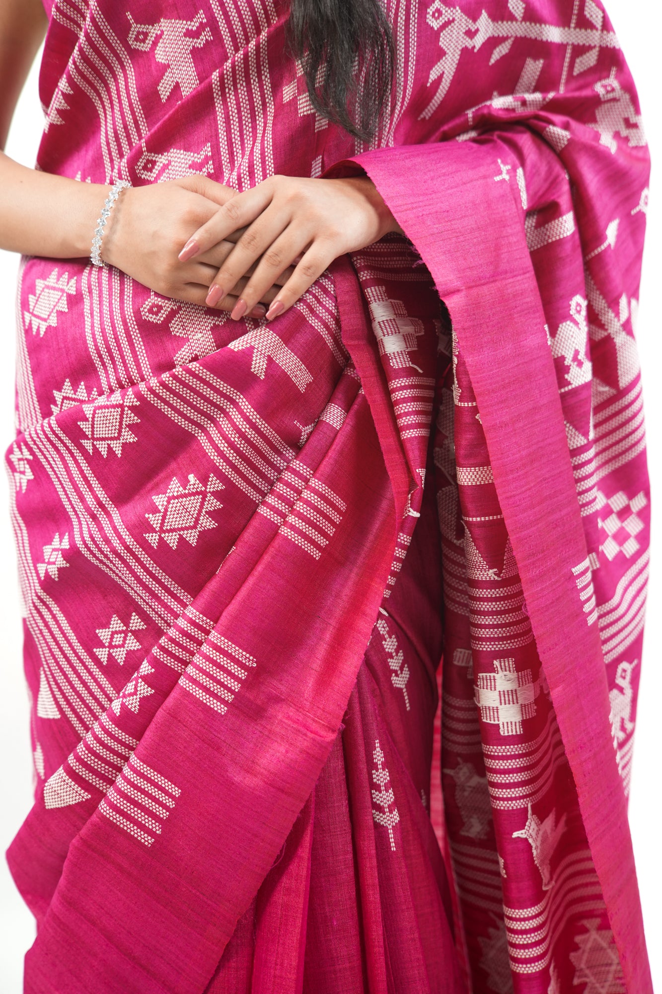 Magenta Tussar Silk Saree with White Ikat Motifs