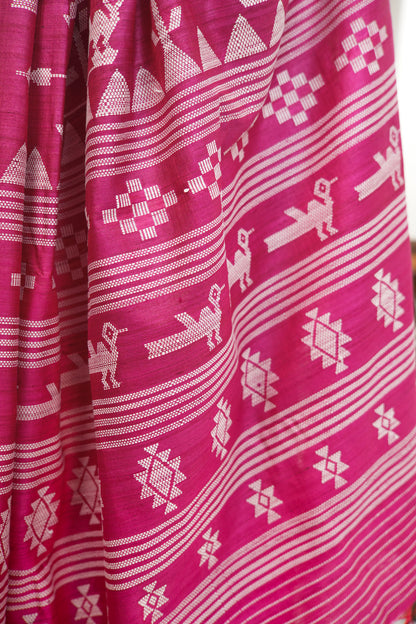 Magenta Tussar Silk Saree with White Ikat Motifs