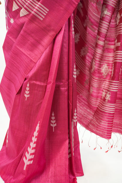 Magenta Tussar Silk Saree with White Ikat Motifs