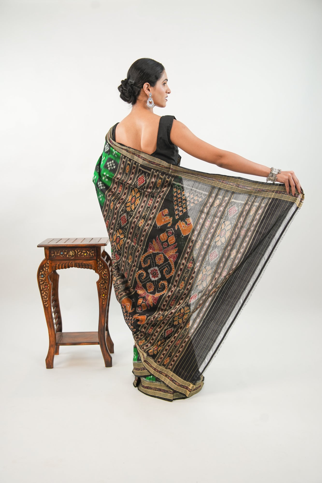 Emerald Green & Black Khandua Silk Saree with Checkerboard Ikat