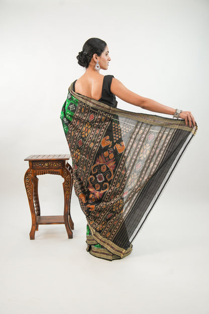 Emerald Green & Black Khandua Silk Saree with Checkerboard Ikat