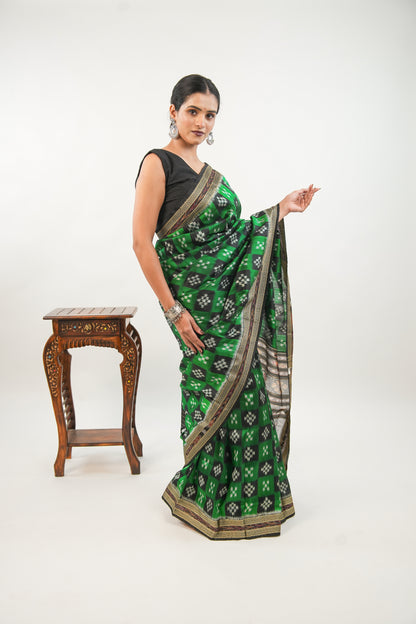 Emerald Green & Black Khandua Silk Saree with Checkerboard Ikat