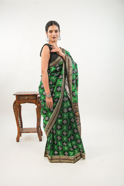 Emerald Green & Black Khandua Silk Saree with Checkerboard Ikat