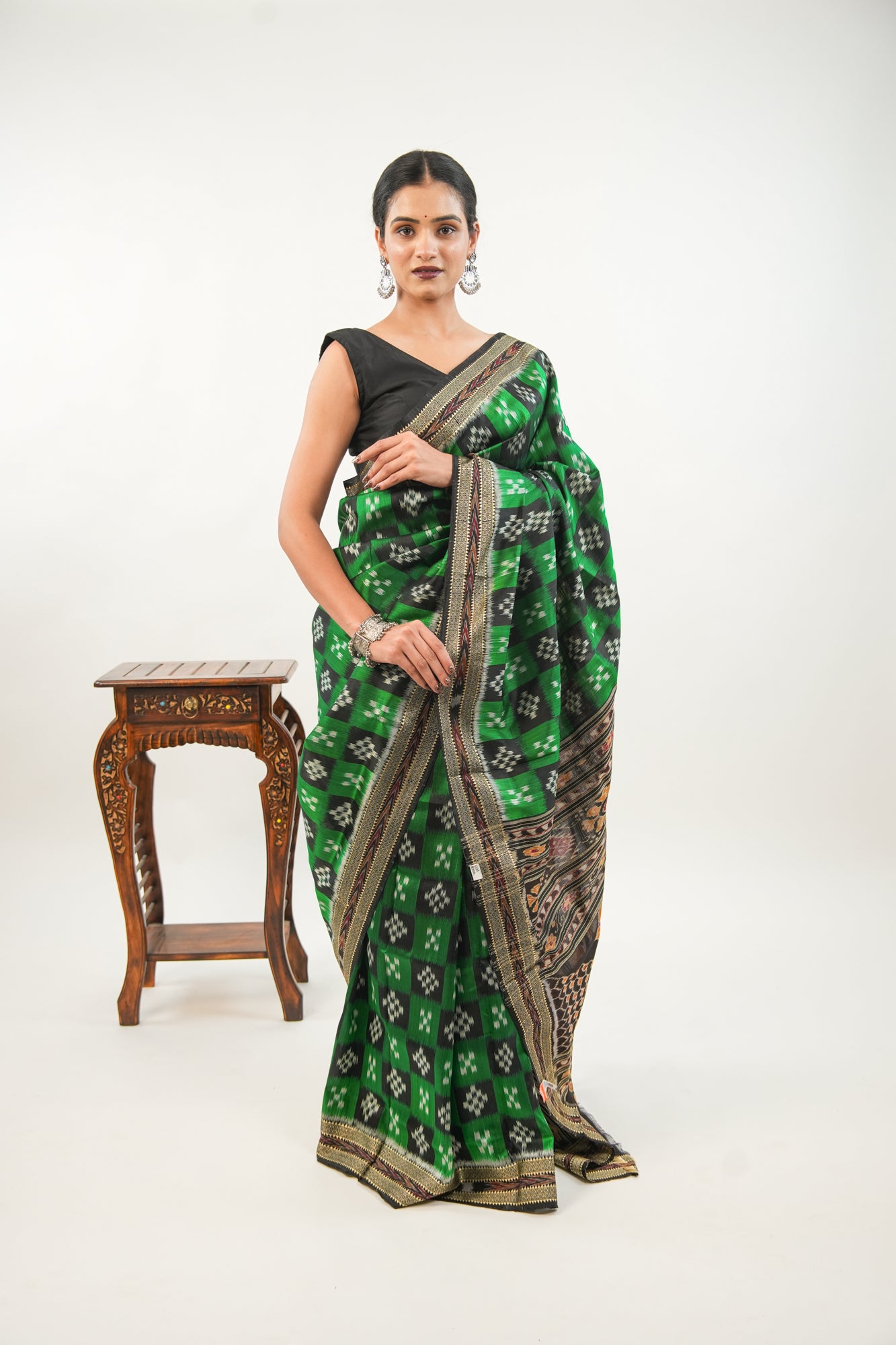 Emerald Green & Black Khandua Silk Saree with Checkerboard Ikat
