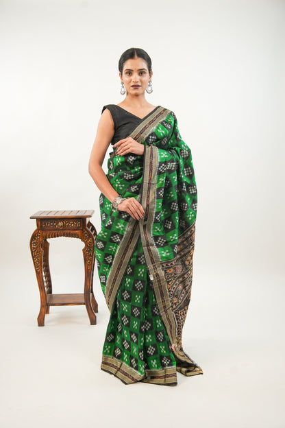 Emerald Green & Black Khandua Silk Saree with Checkerboard Ikat