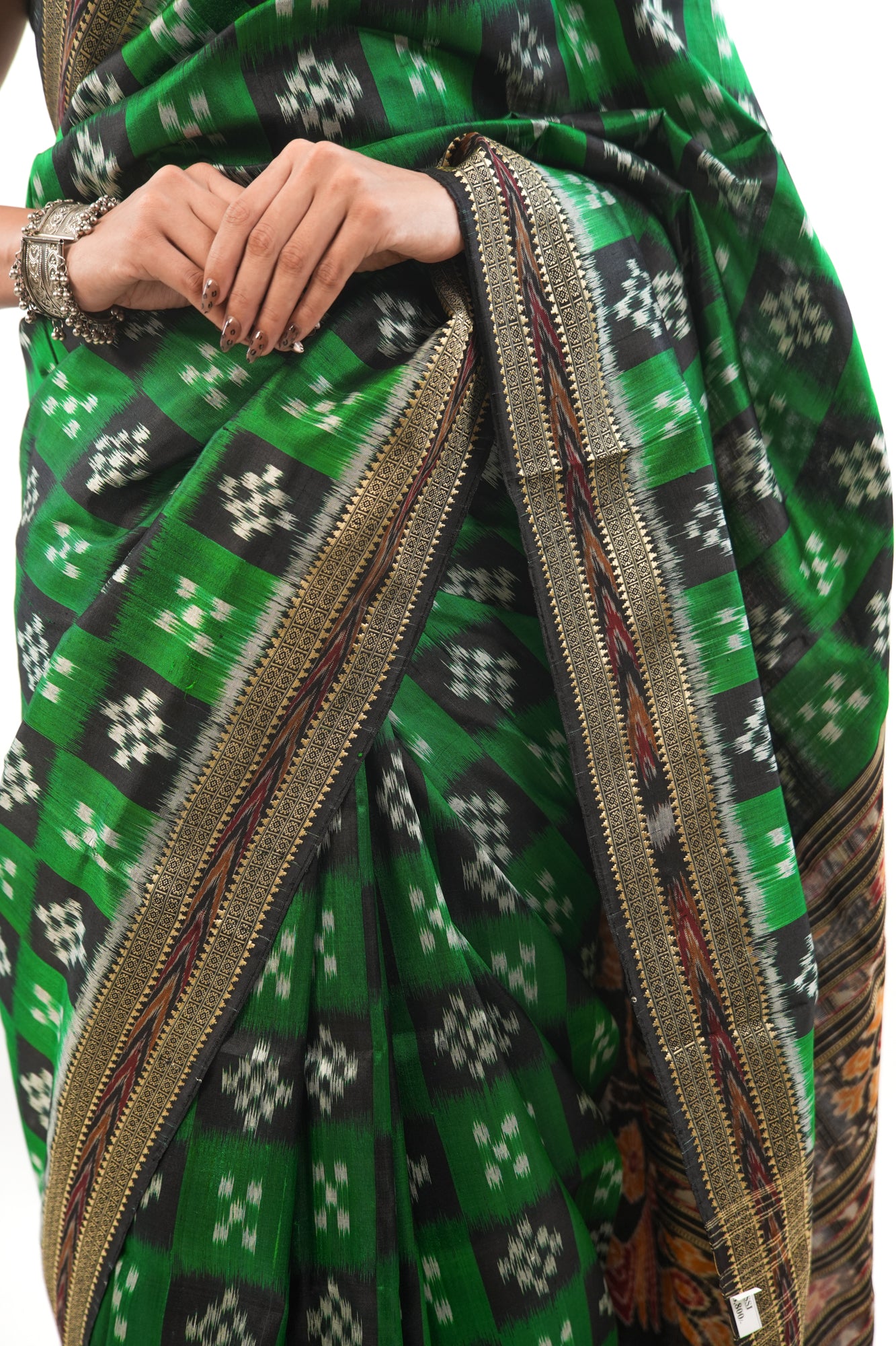 Emerald Green & Black Khandua Silk Saree with Checkerboard Ikat