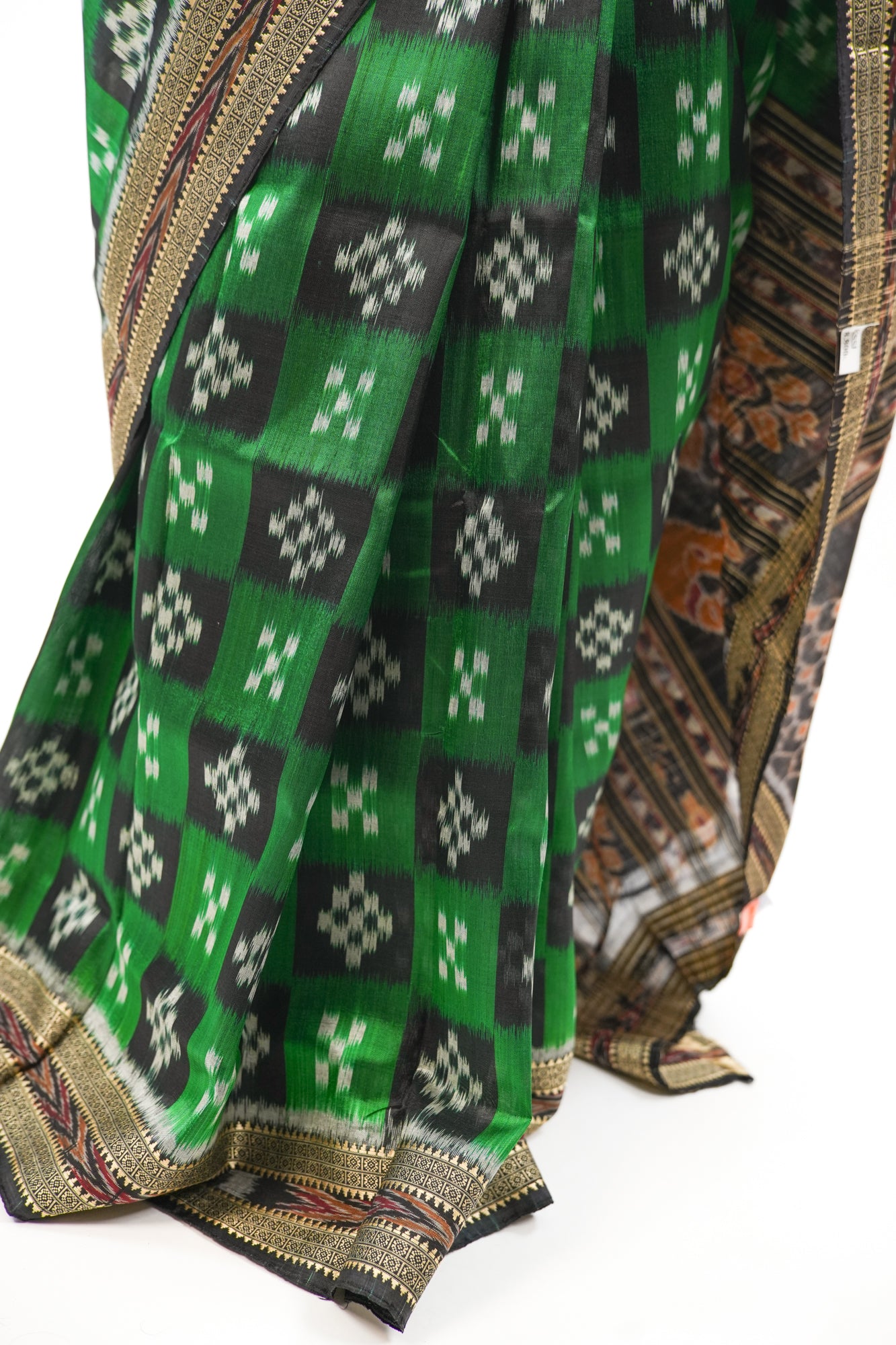 Emerald Green & Black Khandua Silk Saree with Checkerboard Ikat