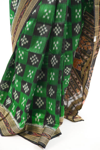 Emerald Green & Black Khandua Silk Saree with Checkerboard Ikat
