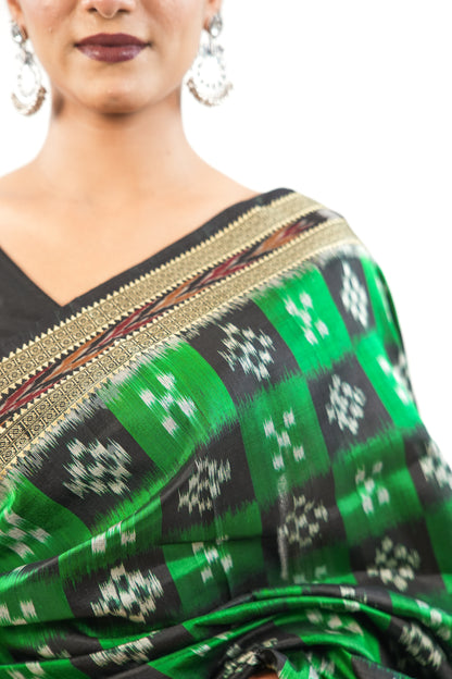 Emerald Green & Black Khandua Silk Saree with Checkerboard Ikat