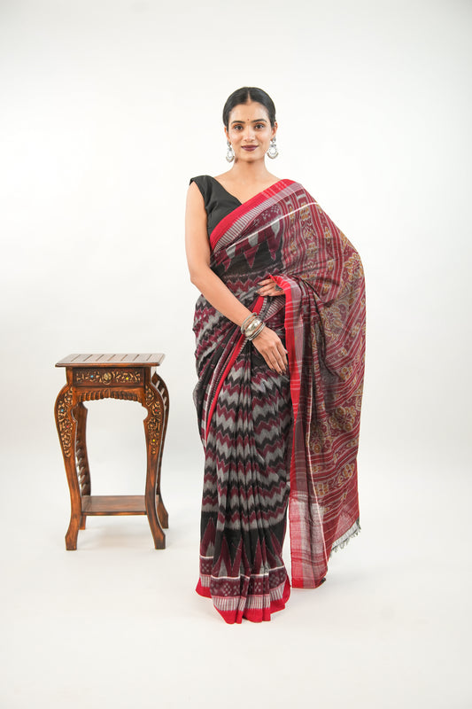 Charcoal Grey Sambalpuri Cotton Saree with Chevron & Temple Border