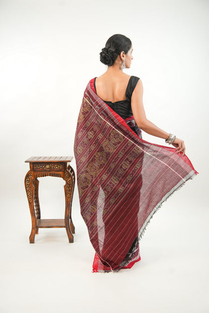 Charcoal Grey Sambalpuri Cotton Saree with Chevron & Temple Border