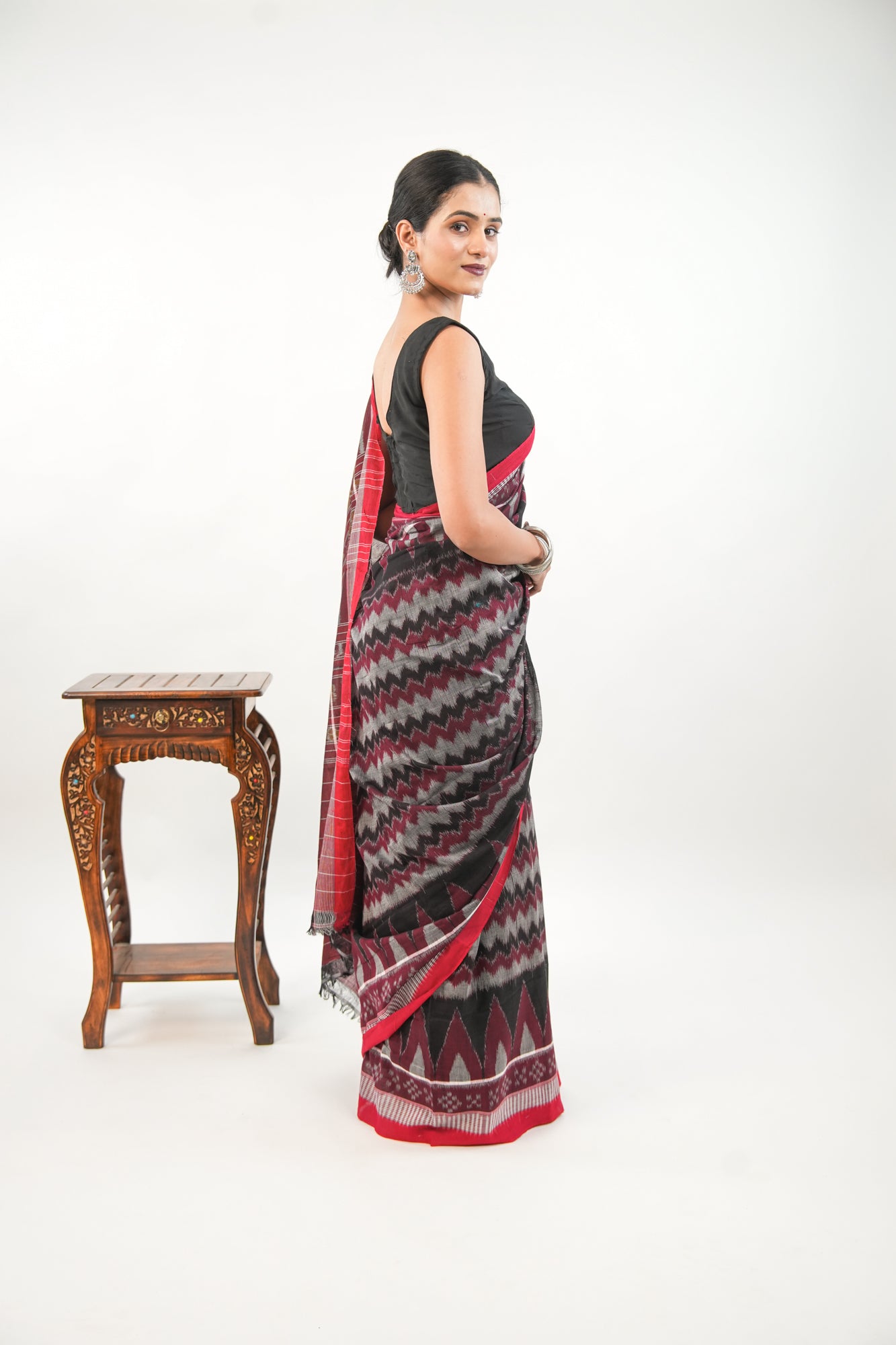 Charcoal Grey Sambalpuri Cotton Saree with Chevron & Temple Border