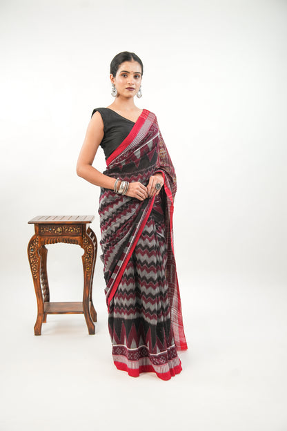 Charcoal Grey Sambalpuri Cotton Saree with Chevron & Temple Border