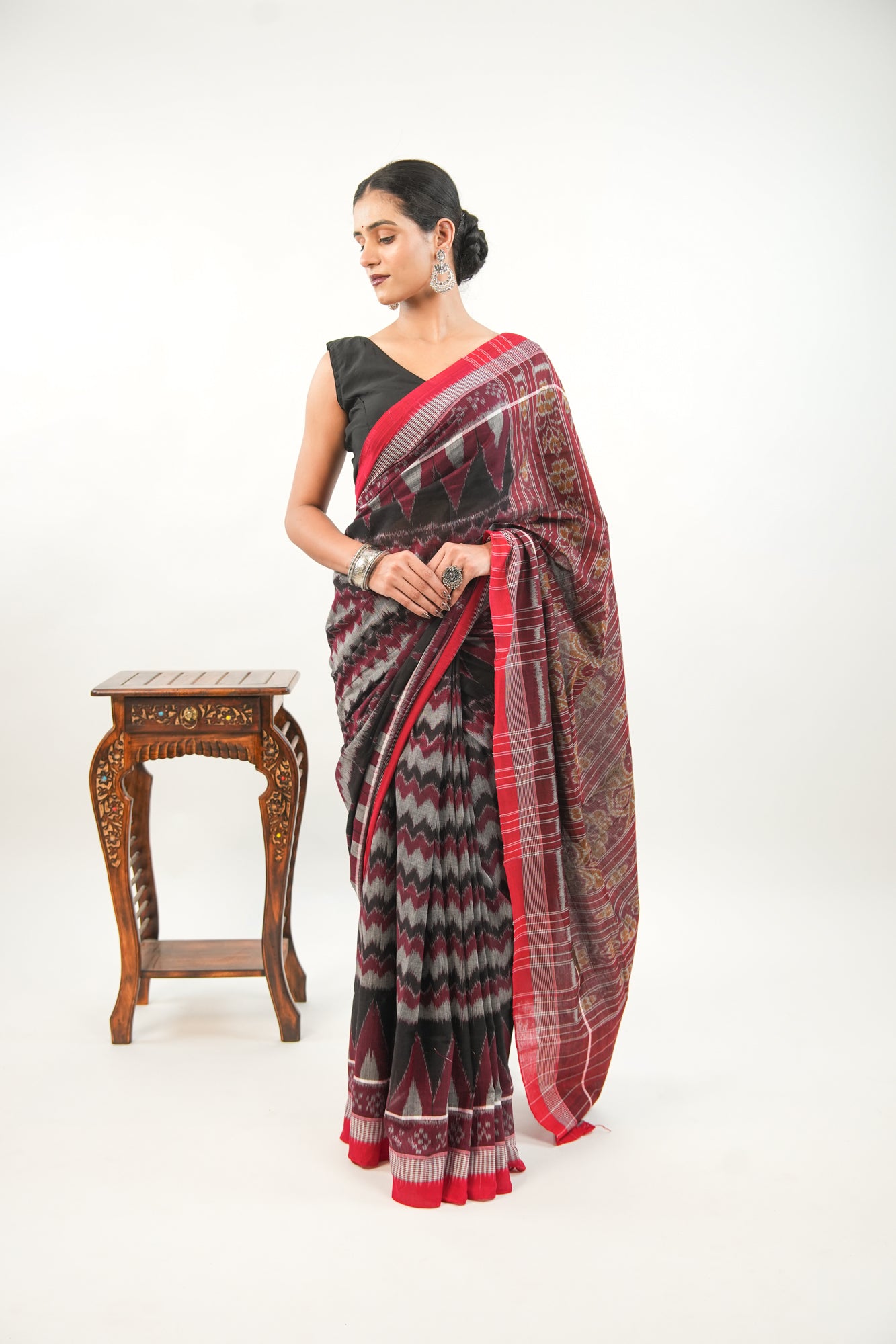 Charcoal Grey Sambalpuri Cotton Saree with Chevron & Temple Border