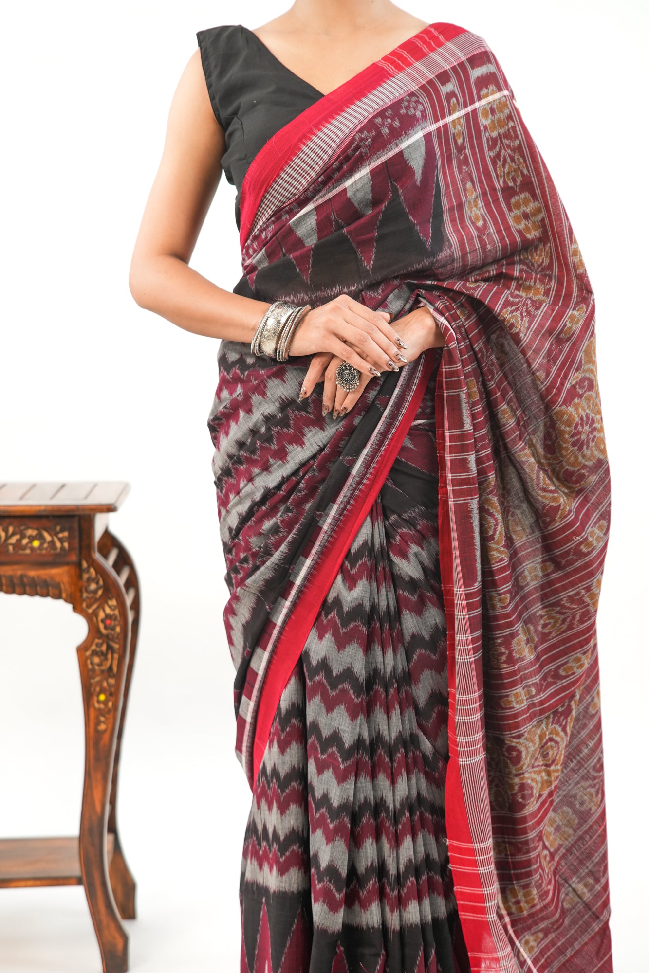 Charcoal Grey Sambalpuri Cotton Saree with Chevron & Temple Border