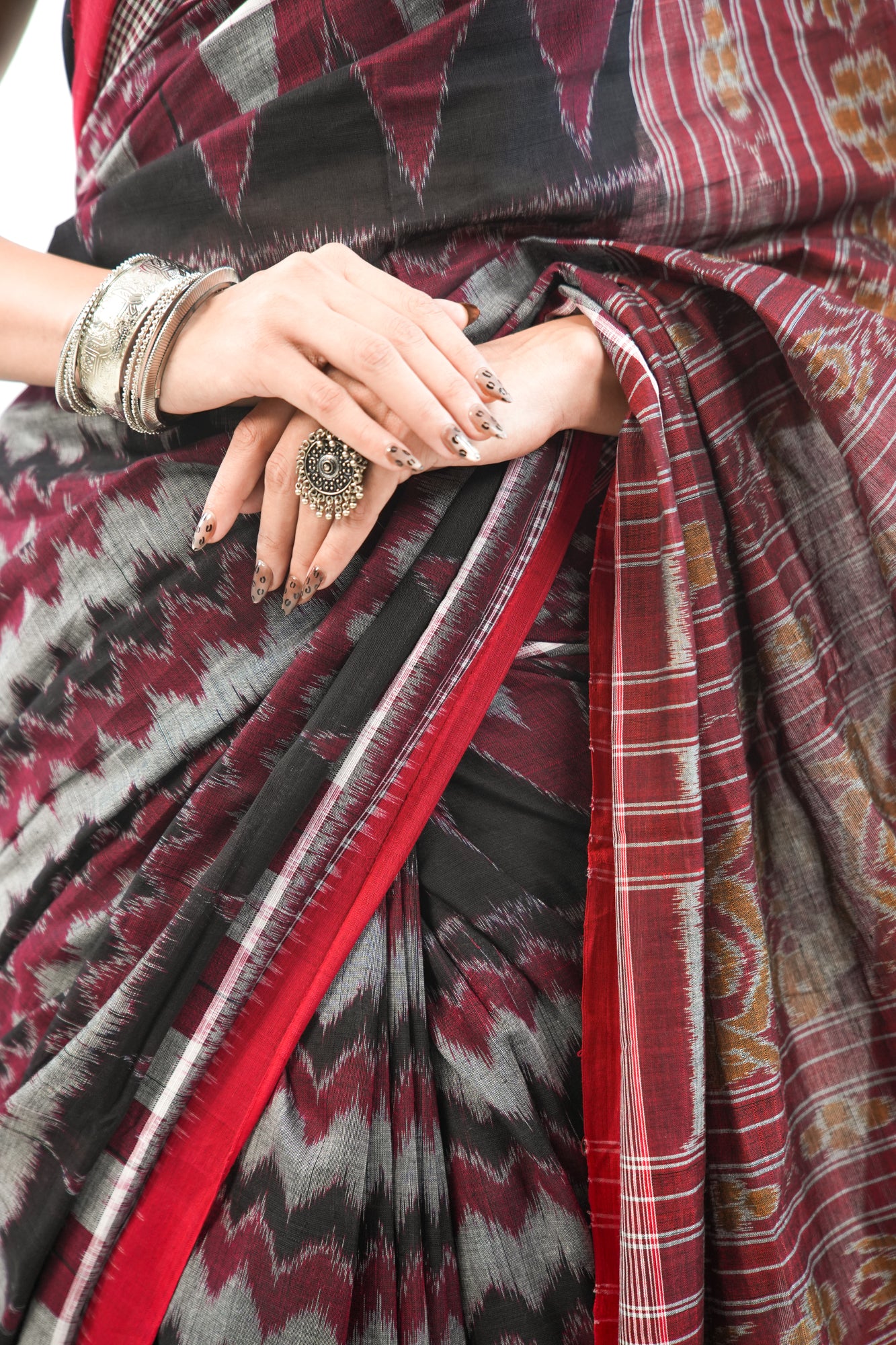 Charcoal Grey Sambalpuri Cotton Saree with Chevron & Temple Border