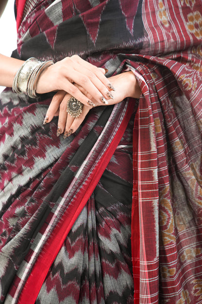 Charcoal Grey Sambalpuri Cotton Saree with Chevron & Temple Border