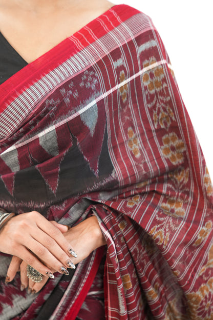 Charcoal Grey Sambalpuri Cotton Saree with Chevron & Temple Border