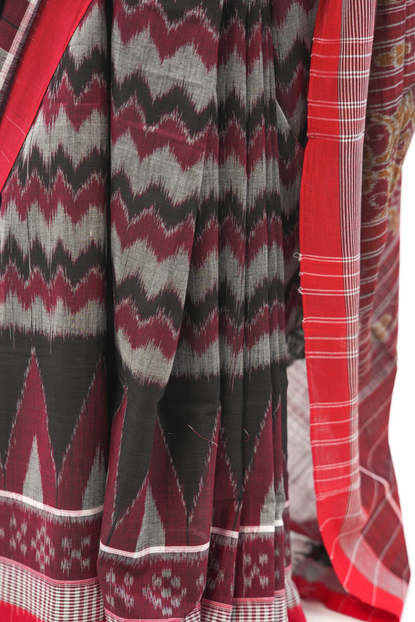 Charcoal Grey Sambalpuri Cotton Saree with Chevron & Temple Border