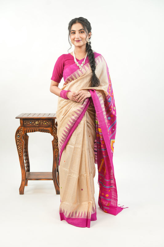 Natural Beige Tussar Silk Saree with Magenta Temple Border
