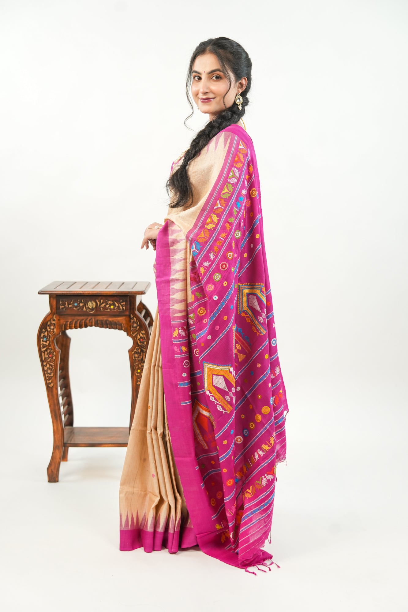 Natural Beige Tussar Silk Saree with Magenta Temple Border