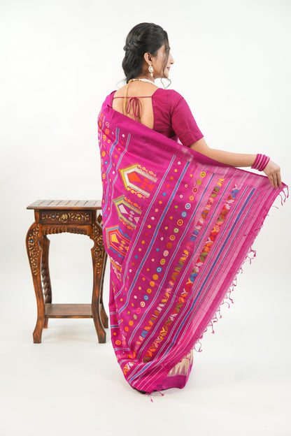 Natural Beige Tussar Silk Saree with Magenta Temple Border