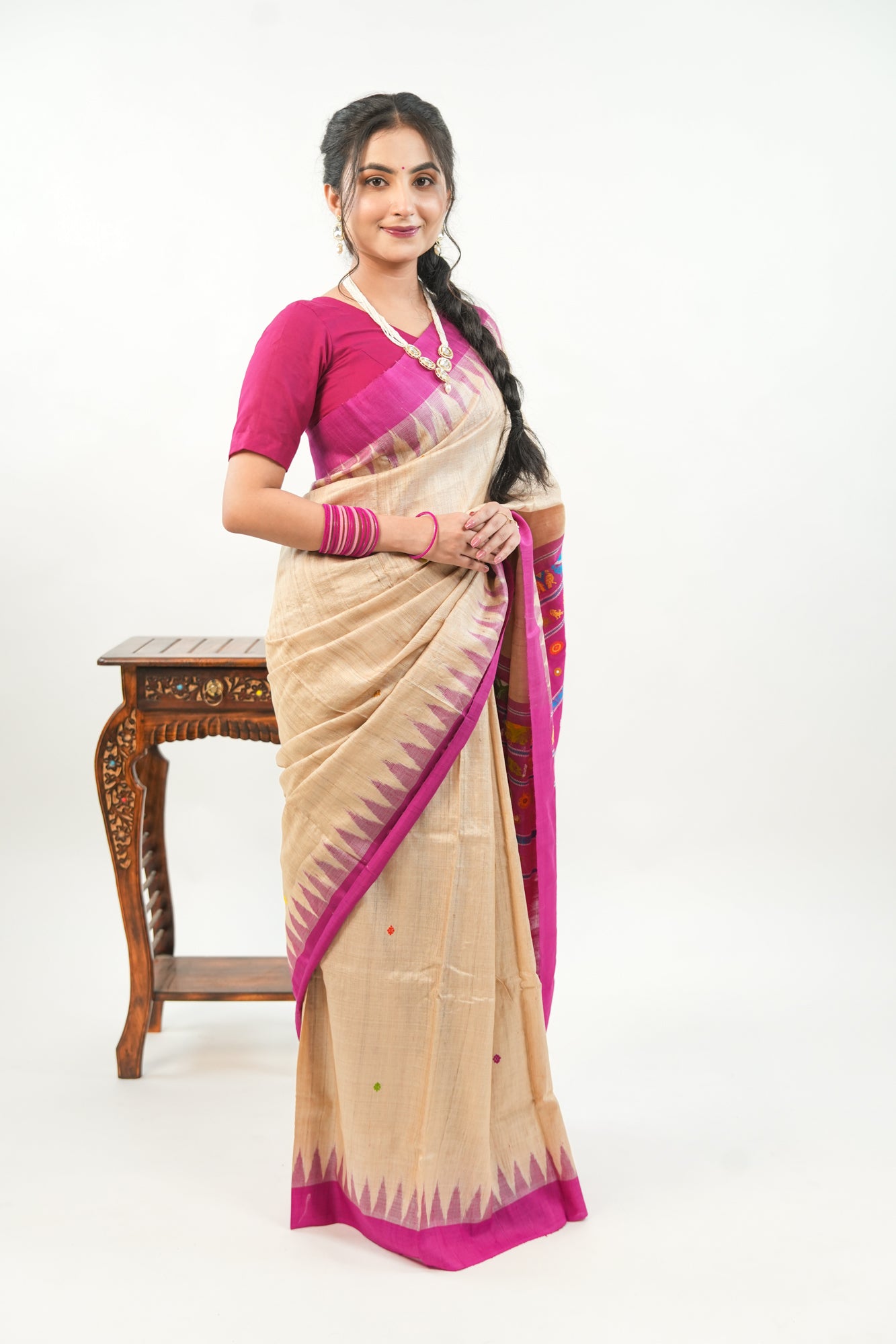 Natural Beige Tussar Silk Saree with Magenta Temple Border